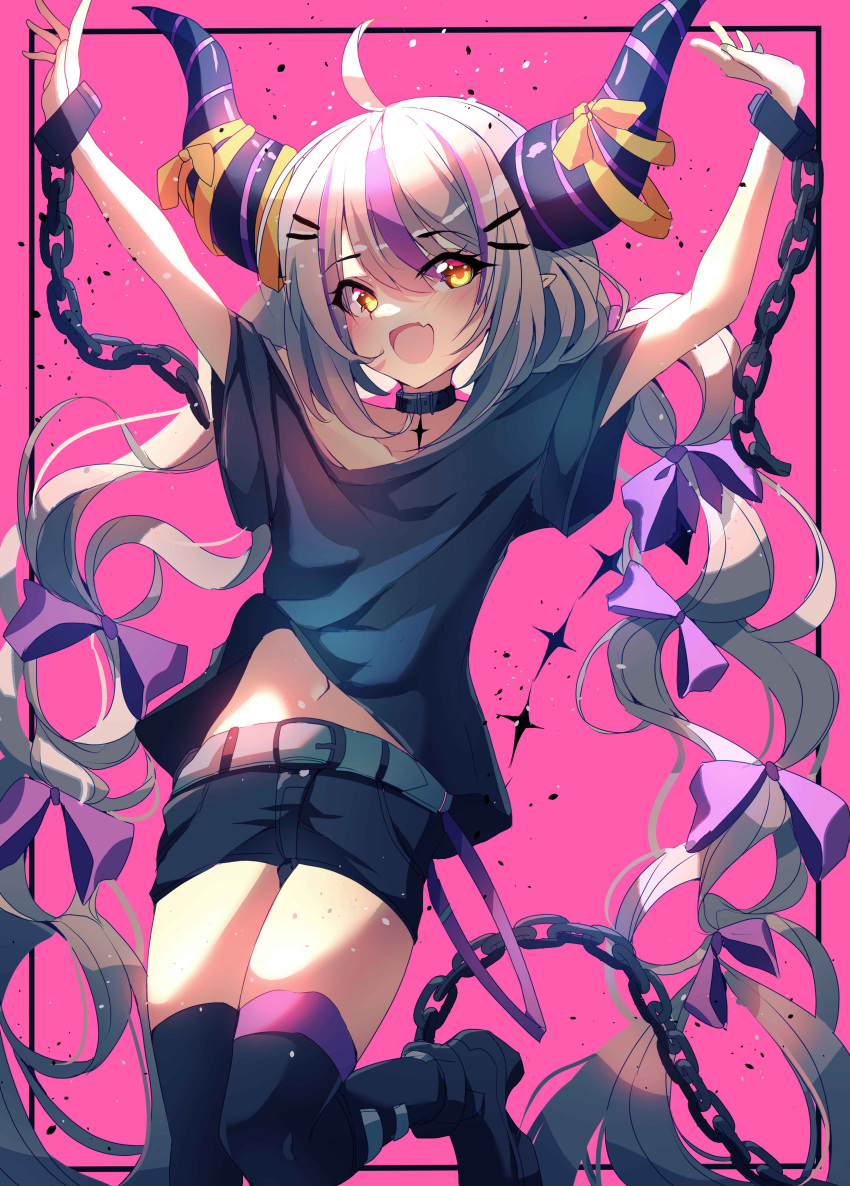 1girl absurdres ahoge ascot baggy_clothes belt black_footwear black_horns black_shirt black_shorts black_thighhighs boots braid braided_bangs chain collar commentary demon_girl demon_horns highres hololive horns la+_darknesss long_hair looking_at_viewer metal_collar multicolored_hair navel open_mouth pink_background pointy_ears purple_hair purple_horns shirt short_sleeves shorts solo streaked_hair striped_horns the0neulost thigh-highs very_long_hair virtual_youtuber wrist_cuffs yellow_ascot yellow_eyes