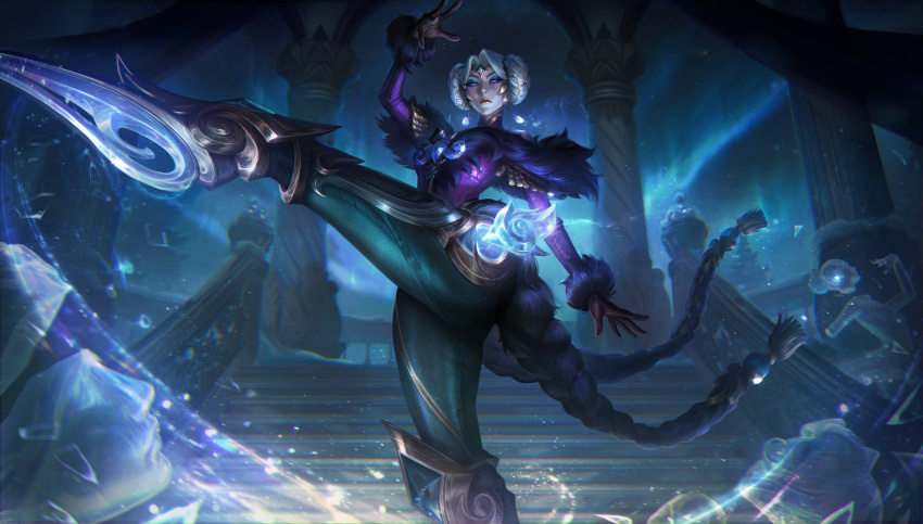 1girl absurdres arm_up aurora blue_eyes camille_(league_of_legends) closed_mouth earrings expressionless eyeshadow fur_trim glowing glowing_eyes green_pants highres ice jewelry league_of_legends leg_up light_particles long_sleeves looking_at_viewer makeup night night_sky official_alternate_costume official_alternate_hairstyle official_art outdoors pants pillar sky solo stairs standing standing_on_one_leg white_hair