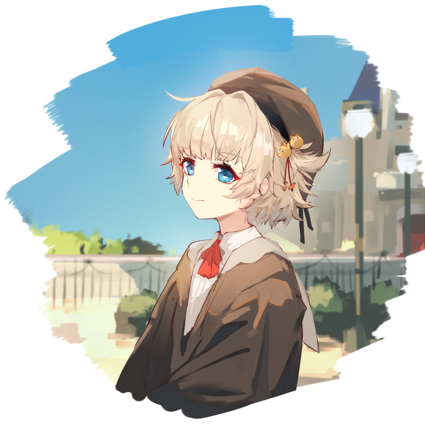 1girl blonde_hair blue_eyes blue_sky border brown_headwear brown_jacket bush chilunchilun chinese_commentary closed_mouth commentary_request day girls'_frontline_neural_cloud hair_ornament hat highres jacket jessie_(neural_cloud) lamppost looking_at_viewer m1897_(girls'_frontline) outdoors shirt short_hair sky smile solo upper_body white_border white_shirt