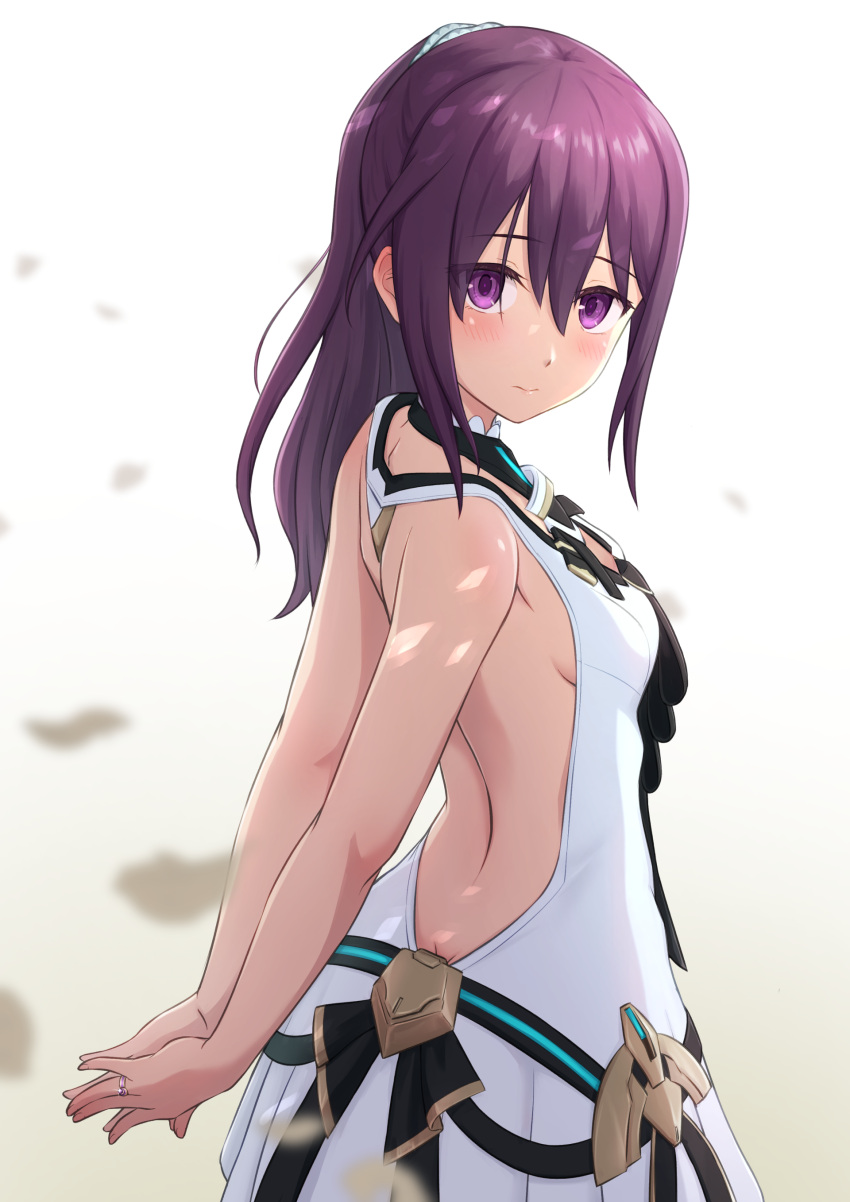 1girl absurdres alice_gear_aegis arms_behind_back back_cutout bare_shoulders blush breasts closed_mouth clothing_cutout dress hair_between_eyes highres hutokumi long_hair looking_at_viewer nikotama_mai petals purple_hair sideboob sidelocks solo standing violet_eyes white_background white_dress