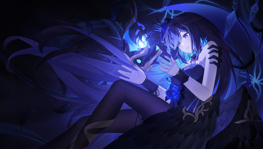 1girl absurdres bare_shoulders black_hair black_hairband black_pantyhose black_thighhighs black_wings blue_dress blue_eyes commentary_request crystal dress feathered_wings feathers feet_out_of_frame hairband hands_up highres honkai_(series) honkai_impact_3rd long_hair low_wings official_alternate_costume pantyhose parted_lips seele_vollerei seele_vollerei_(eternal_night's_embrace) seele_vollerei_(herrscher_of_rebirth) solo strapless strapless_dress sye- thigh-highs very_long_hair wing_ornament wings
