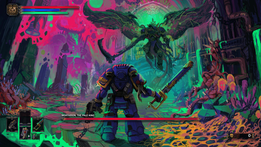 adeptus_astartes antlers armor bell blue_armor boss_fight breastplate bug cauldron chain chainsword chaos_(warhammer) cloak color_contrast commentary couter crotch_plate cuirass damaged dark_souls_(series) death_guard demon demon_primarch demon_wings english_commentary extra_eyes fake_screenshot fly from_behind from_side gauntlets greaves green_armor green_eyes health_bar heavy_bolter highres holding holding_chainsword holding_scythe holding_weapon hood hooded_cloak landscape leg_armor male_focus marton_kapoli monster mortarion neon_palette nurgle outdoors pauldrons pelvic_curtain poleyn power_armor primarch rebreather rerebrace respirator scythe shoulder_armor silence_(weapon) skull sky slime_(substance) solid_circle_eyes spikes straight-on swarm torn_wings ultramarines warhammer_40k weapon wings
