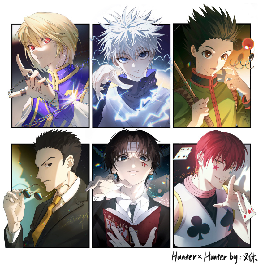 6+boys absurdres androgynous bandaged_head bandages black_eyes black_hair black_suit blonde_hair blood_on_cheek blue_eyes blue_tabard bob_cut book brown_eyes business_suit card casting_spell chain child chrollo_lucilfer clown club_(shape) commentary_request creature crystal_earrings debris drop_shadow earrings electricity electrokinesis energy facepaint facial_mark facial_tattoo fingernails fishing_rod formal glint gon_freecss green_jacket heart highres hisoka_morow holding holding_book holding_card holding_removed_eyewear hook hunter_x_hunter injury jacket jewelry killua_zoldyck kurapika layered_sleeves leorio_paladiknight long_fingernails long_sleeves looking_at_viewer looking_to_the_side male_focus medium_hair multiple_boys multiple_rings necktie nen_(hunter_x_hunter) open_mouth playing_card_theme pointing ppttppff red_eyes redhead ring round_eyewear scratching_cheek shadow sharp_fingernails shirt short_hair short_over_long_sleeves short_sleeves smile spade_(shape) spiky_hair star_(symbol) star_facial_mark star_tattoo suit sunglasses tabard tattoo teardrop_facial_mark teardrop_tattoo thumb_ring unworn_eyewear upper_body white_hair white_shirt yellow_eyes yellow_necktie