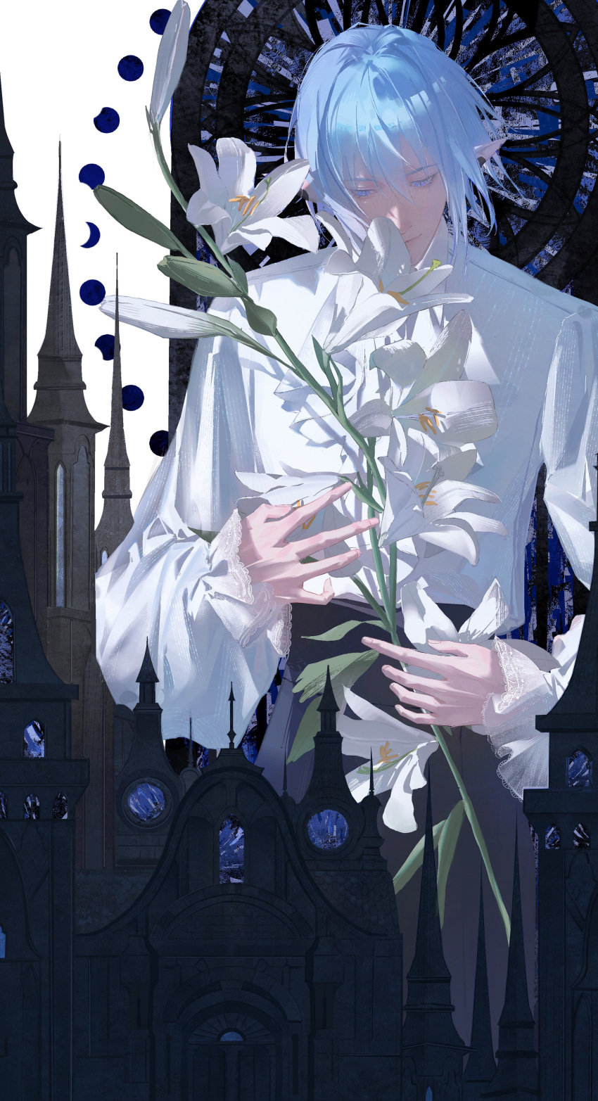 1boy absurdres black_pants blue_eyes blue_hair building city collared_shirt commentary cowboy_shot earclip elezen elf final_fantasy final_fantasy_xiv flower haurchefant_greystone highres holding holding_flower jing_jin_ji lace-trimmed_sleeves lace_trim lily_(flower) long_sleeves looking_down male_focus moon_phases outdoors pants pointy_ears puffy_long_sleeves puffy_sleeves shirt shirt_tucked_in short_hair smile solo stained_glass standing white_background white_flower white_shirt