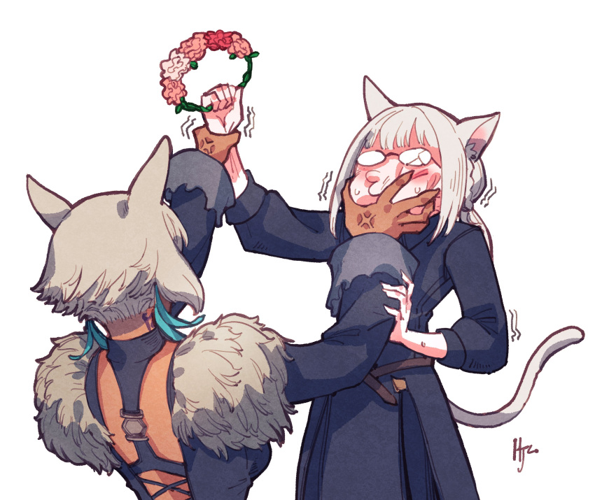 2girls 3: absurdres anger_vein animal_ears annoyed back_cutout black_dress blunt_bangs broken_eyewear cat_ears cat_girl cat_tail clothing_cutout comedy commentary covered_eyes dress face_grab facing_away feather_hair_ornament feathers final_fantasy final_fantasy_xiv flower_wreath fur-trimmed_dress fur_trim glasses hair_ornament hand_on_another's_face highres hjz_(artemi) holding_another's_wrist holding_wreath long_sleeves miqo'te multiple_girls neck_tattoo signature simple_background standing sweat tail tan tattoo trembling upper_body warrior_of_light_(ff14) white_background white_hair y'shtola_rhul