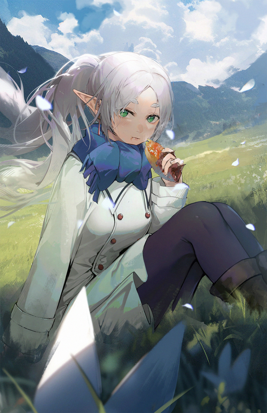 1girl black_pantyhose blue_scarf boots brown_footwear closed_mouth coat commentary_request drive_shot eating elf falling_petals floating_hair flower food frieren grasslands green_eyes highres holding holding_food knee_boots knees_up long_hair long_sleeves looking_at_viewer mountain on_grass outdoors pantyhose parted_bangs petals pointy_ears revision scarf short_eyebrows sitting solo sousou_no_frieren twintails white_coat white_flower white_hair