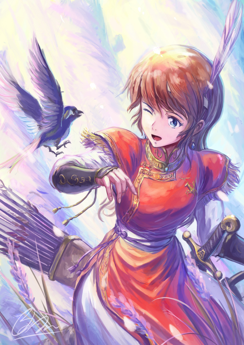 1girl arrow_(projectile) bird blue_eyes brown_hair china_dress chinese_clothes dress feather_hair_ornament feathers fringe_trim hair_ornament headband highres long_hair one_eye_closed open_mouth original pelvic_curtain quiver red_dress shiki_makoto short_sleeves smile solo sword weapon