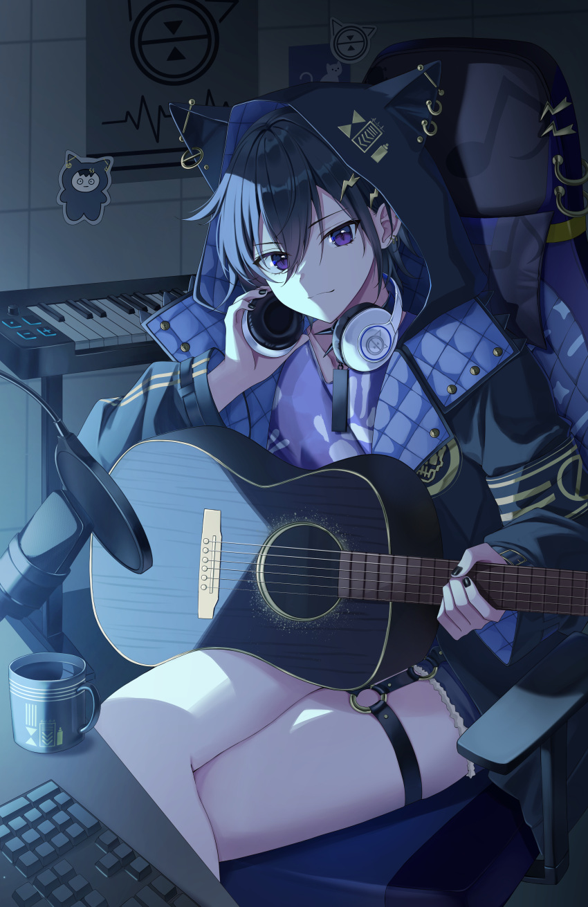 1boy absurdres animal_ear_hood black_hair chair commentary crossed_legs cup dark_background earrings gaming_chair guitar hair_between_eyes headphones headphones_around_neck highres holding holding_guitar holding_instrument holostars hood hood_up hooded_jacket instrument jacket jewelry kanade_izuru keyboard_(computer) keyboard_(instrument) looking_at_viewer male_focus microphone multiple_hairpins musical_note nail_polish open_clothes open_jacket pora_0918 poster_(object) short_hair shorts sidelighting sitting smile solo swivel_chair symbol-only_commentary thigh_strap violet_eyes virtual_youtuber