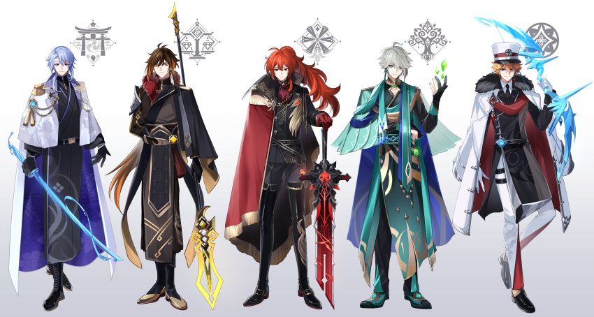 5boys ahoge aiguillette alhaitham_(genshin_impact) antenna_hair arm_behind_back armor balance_scale belt black_belt black_cape black_footwear black_gloves black_jacket black_kimono black_necktie black_pants blue_cape blue_eyes blue_hair boots bow_(weapon) brooch brown_eyes brown_hair brown_robe cape cleavage_cutout closed_mouth clothing_cutout coat coat_on_shoulders collared_cape collared_shirt commentary_request cross-laced_footwear crossed_bangs crystal diluc_(genshin_impact) earrings egasumi epaulettes expressionless eyes_visible_through_hair floating_hair floral_print fold-over_boots full_body fur-trimmed_coat fur_trim gem genshin_impact gloves gold_trim gradient_hair green_cape green_eyes green_footwear green_gemstone green_robe grey_hair hair_between_eyes hair_intakes hair_over_one_eye hand_up hat high_ponytail highres holding holding_bow_(weapon) holding_polearm holding_sword holding_weapon jacket japanese_clothes jewelry kamisato_ayato kimono lace-up_boots lapels liquid_weapon long_hair long_sleeves looking_at_viewer male_focus mitsudomoe_(shape) mole mole_under_mouth multicolored_hair multiple_boys necktie orange_hair pants parted_bangs partially_fingerless_gloves pauldrons peaked_cap polearm ponytail popped_collar red_cape red_eyes red_gemstone red_gloves redhead rnknmrm robe sash serious shirt short_hair shoulder_armor side_cape simple_background single_earring single_pauldron smile standing swept_bangs sword tartaglia_(genshin_impact) tassel tassel_earrings thigh_boots tomoe_(symbol) torii two-sided_cape two-sided_coat two-sided_fabric two-tone_footwear very_long_hair violet_eyes vision_(genshin_impact) vortex_vanquisher_(genshin_impact) weapon weighing_scale white_background white_cape white_coat white_gloves white_headwear white_pants white_shirt wing_collar wolf's_gravestone_(genshin_impact) zhongli_(genshin_impact)