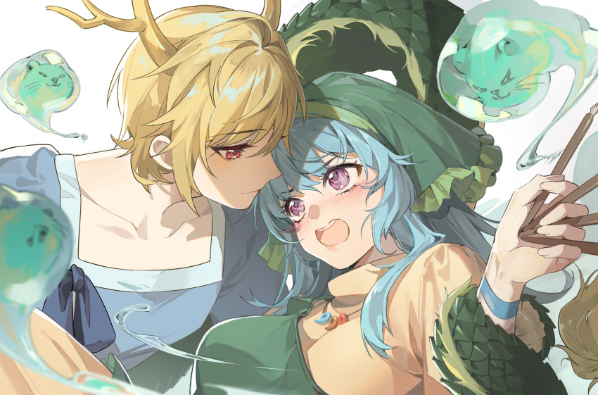 2girls apron blonde_hair blue_hair blue_shirt blush collarbone commentary_request commission dragon_girl dragon_horns dragon_tail embarrassed face-to-face green_apron green_headwear haniyasushin_keiki head_scarf highres horns jewelry kicchou_yachie long_hair magatama magatama_necklace multiple_girls necklace open_mouth otter_spirit_(touhou) qianjingya red_eyes second-party_source shirt short_hair tail tail_wrap touhou upper_body violet_eyes water white_background wood_carving_tool yellow_horns yellow_shirt yuri