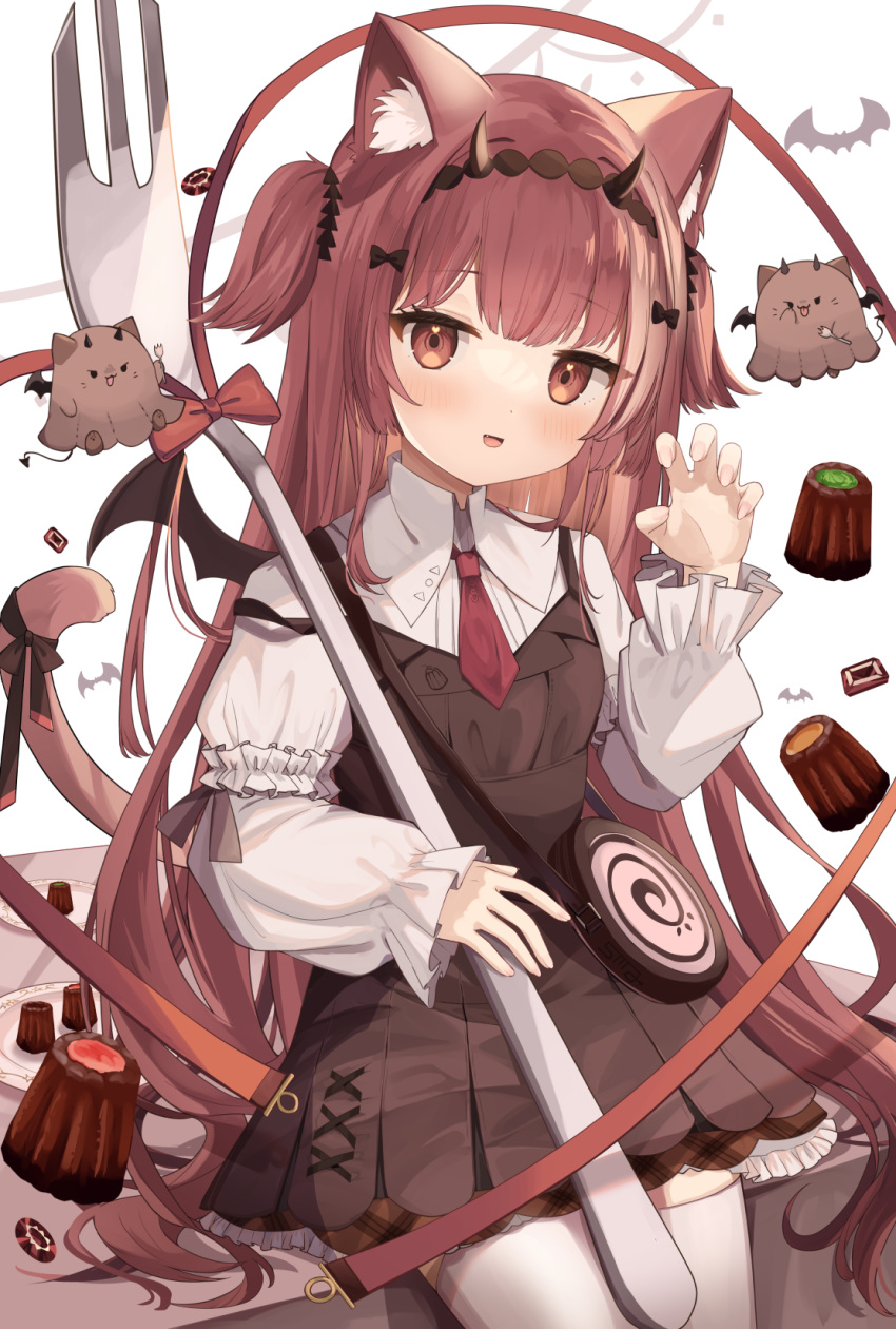 1girl animal_ears bag brown_eyes cat_ears cat_girl cat_tail character_request claw_pose copyright_request fake_horns fork goma_(u_p) hairband highres holding holding_fork horns long_sleeves necktie oversized_object red_necktie redhead ribbon shirt shoulder_bag solo tail tail_ornament tail_ribbon tongue tongue_out white_shirt