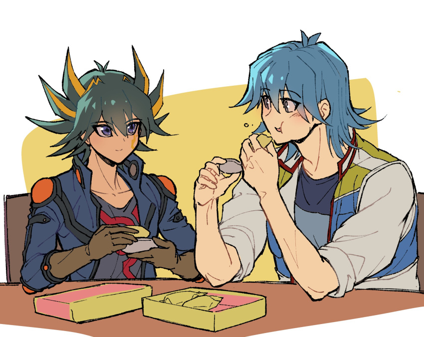 2boys black_hair black_shirt blue_eyes blue_hair blue_jacket blue_shirt brown_gloves bruno_(yu-gi-oh!) chair commentary_request eating elbow_pads elbows_on_table facial_mark facial_tattoo food fudou_yuusei full_mouth gloves hands_up high_collar highres holding holding_food jacket leaning_forward leaning_on_table male_focus marking_on_cheek multicolored_hair multiple_boys on_chair open_clothes open_jacket open_mouth shirt short_hair shoulder_pads simple_background sitting sleeves_rolled_up smile spiky_hair streaked_hair table talking tattoo white_jacket yellow_background youko-shima yu-gi-oh! yu-gi-oh!_5d's
