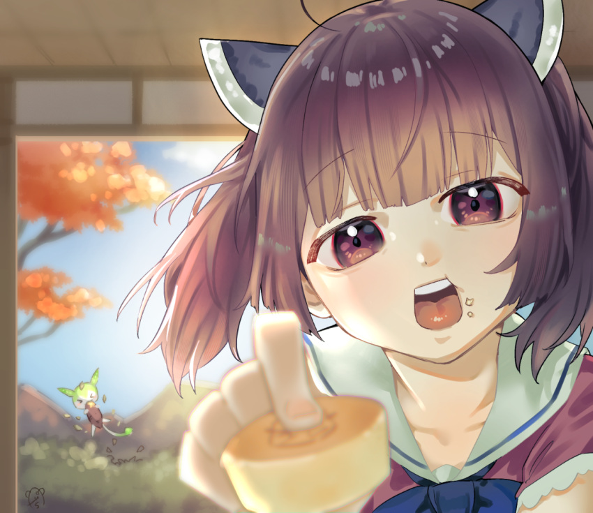 1girl alternate_costume asumo_arare autumn_leaves blue_bow blue_bowtie blue_sky blurry blurry_background blurry_foreground bow bowtie brown_hair commentary_request creature day eating floating floating_hair food food_on_face food_request head_tilt headgear holding holding_food incoming_food indoors looking_at_viewer medium_hair mountainous_horizon red_shirt sailor_collar shirt short_sleeves sky solo sweet_potato touhoku_kiritan twintails upper_body veranda violet_eyes voiceroid white_sailor_collar zundamon
