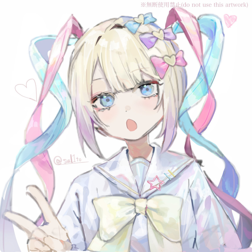 1girl :o blonde_hair blue_bow blue_eyes blue_hair blue_shirt bow chouzetsusaikawa_tenshi-chan commentary_request hair_bow hair_ornament heart heart_hair_ornament highres long_hair long_sleeves looking_at_viewer multicolored_hair needy_girl_overdose open_mouth pink_bow pink_hair purple_bow quad_tails sailor_collar shirt solo tsukikaze_aki twintails upper_body v white_background yellow_bow