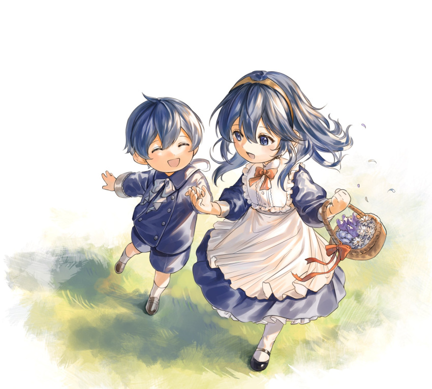 1boy 1girl :d ^_^ abinosu0903 apron basket black_footwear blue_eyes blue_hair blue_suit bow bowtie brand_of_the_exalt brother_and_sister child closed_eyes commentary_request fire_emblem fire_emblem_awakening highres holding holding_basket lucina_(fire_emblem) medium_hair open_mouth red_bow red_bowtie shoes short_hair siblings smile socks suit tiara white_background white_bow white_bowtie white_socks