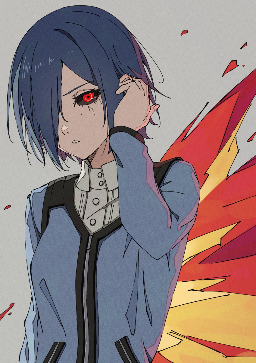 1girl absurdres black_sclera blue_hair blue_jacket buttons collared_shirt colored_sclera commentary_request grey_background hair_over_one_eye highres jacket kagune_(tokyo_ghoul) kirishima_touka komura_hiroto long_sleeves looking_at_viewer one_eye_covered red_eyes shirt short_hair simple_background solo tokyo_ghoul white_shirt