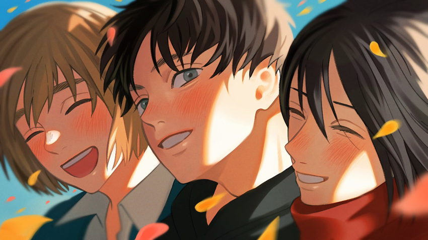 1girl 2boys armin_arlert black_hair blonde_hair blush brown_hair child eren_yeager friends happy highres llq9ull long_sleeves looking_at_another looking_to_the_side mikasa_ackerman multiple_boys open_mouth petals red_scarf scarf shingeki_no_kyojin short_hair smile upper_body wind