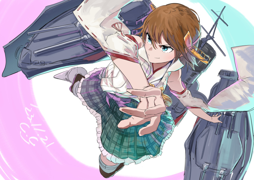 1girl adapted_turret artillery bare_shoulders blush boots brown_hair cannon dated detached_sleeves flipped_hair gegeron green_skirt hairband headgear hiei_(kancolle) hiei_kai_ni_(kancolle) highres japanese_clothes kantai_collection machinery mast nontraditional_miko plaid plaid_skirt ribbon-trimmed_sleeves ribbon_trim rigging short_hair signature skirt smokestack solo thigh_boots turret white_background
