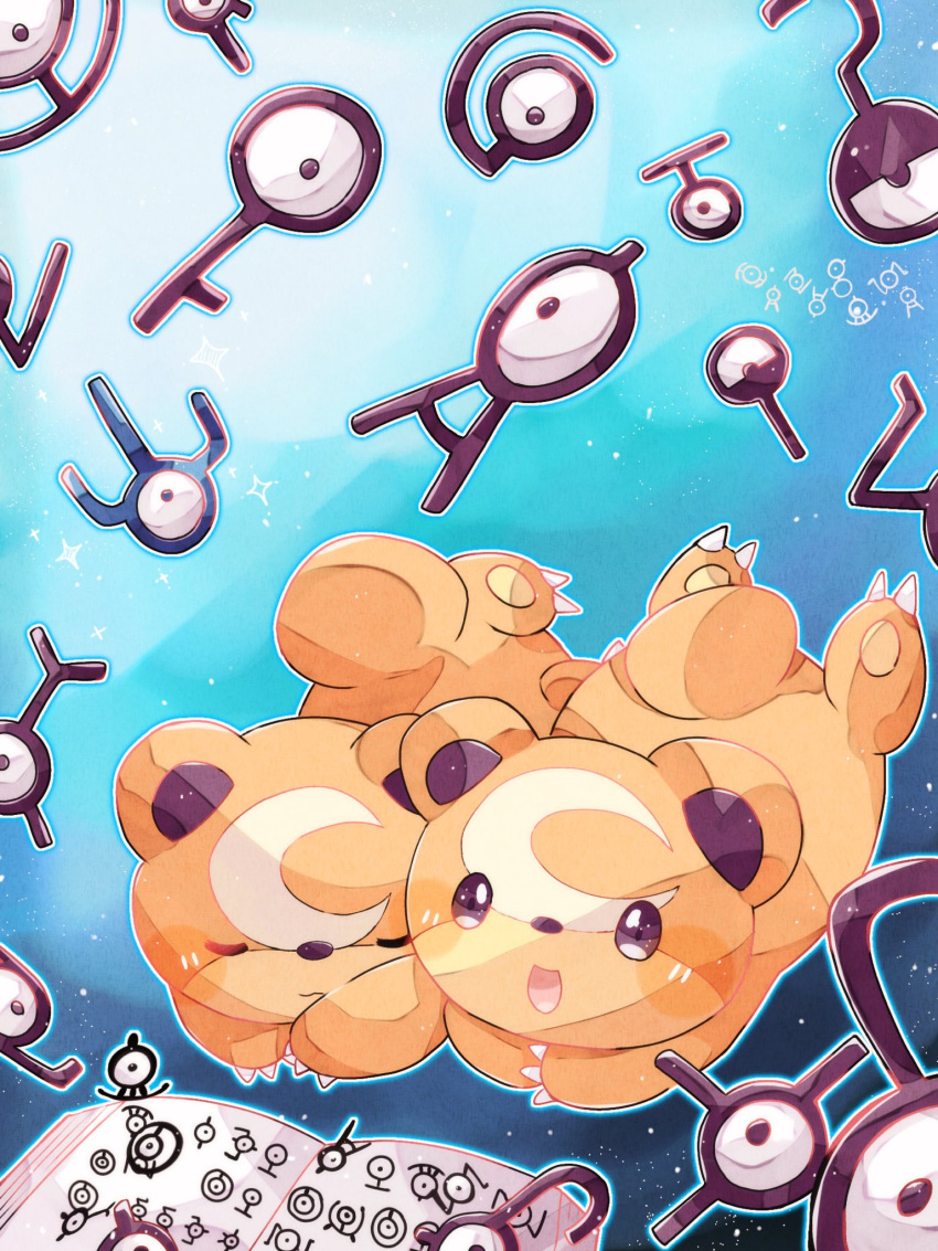 :d animal_focus artist_name blue_background book brown_fur claws closed_eyes commentary_request hanabusaoekaki highres lying no_humans on_stomach open_mouth pokemon pokemon_(creature) smile solid_oval_eyes sparkle teddiursa unown unown_! unown_? unown_a unown_b unown_c unown_d unown_e unown_g unown_h unown_o unown_q unown_s unown_t unown_u unown_w unown_x unown_y unownglyphics