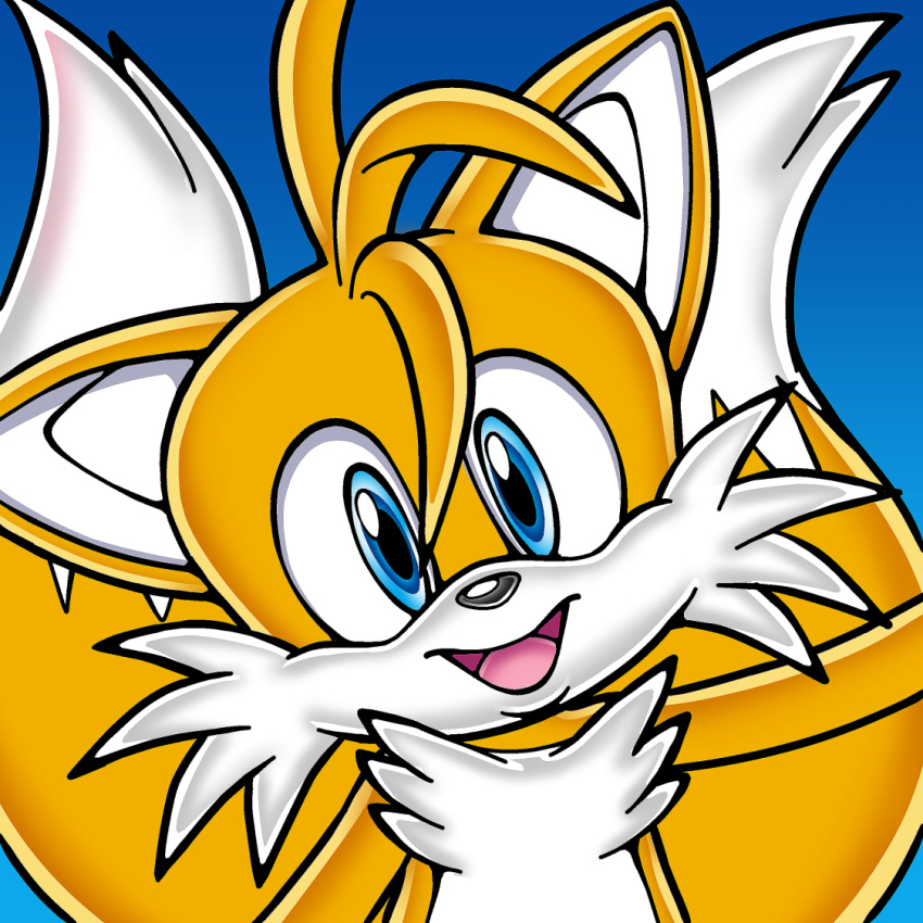 1boy animal_ears animal_nose arm_up blue_background blue_eyes body_fur commentary commission english_commentary fox_boy fox_ears fox_tail furry furry_male happy head_tilt looking_at_viewer male_focus multiple_tails official_style open_mouth rockthebull simple_background smile solo sonic_(series) sonic_adventure standing straight-on tail tail_raised tails_(sonic) two-tone_fur two_tails upper_body white_fur wide-eyed yellow_fur