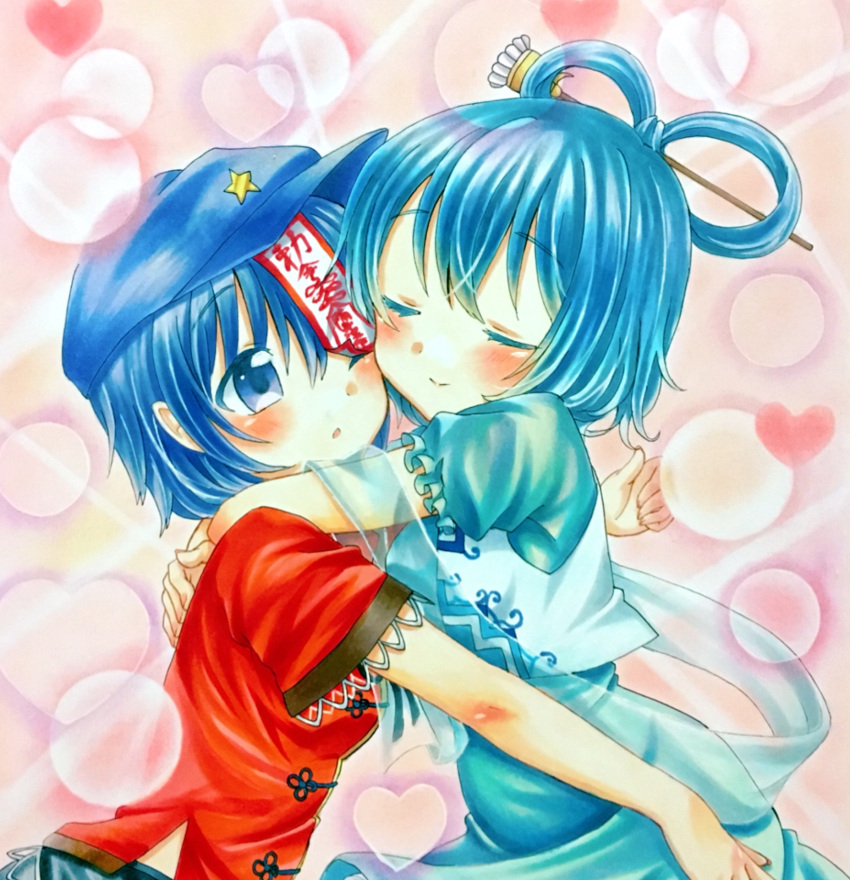 2girls blue_dress blue_hair blush chisel closed_eyes closed_mouth commentary_request dress hair_ornament hair_ribbon hair_stick haru_(pixiv93533398) hat_ornament heart highres hug kaku_seiga miyako_yoshika multiple_girls ofuda one_eye_closed outstretched_arms red_shirt ribbon shirt short_sleeves smile star_(symbol) star_hat_ornament touhou traditional_media vest white_vest