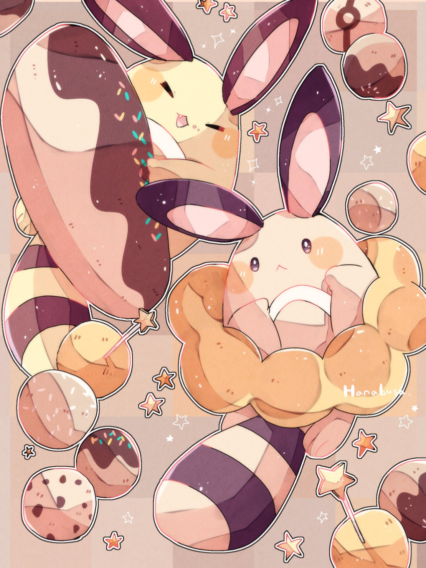 &gt;_&lt; :d alternate_color animal_focus artist_name black_fur brown_background brown_fur cake_pop chocolate closed_eyes commentary_request doughnut fang food hanabusaoekaki highres no_humans open_mouth poke_ball_symbol pokemon pokemon_(creature) sentret shiny_pokemon smile solid_oval_eyes star_(symbol) tail two-tone_fur