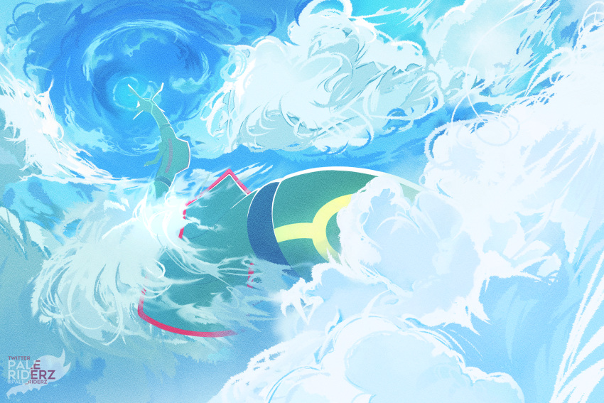 artist_name clouds day dragon eastern_dragon film_grain from_below glowing_markings highres mixed-language_commentary no_humans outdoors pale_rider_(paleriderz) pokemon pokemon_(creature) rayquaza sky solo twitter_username