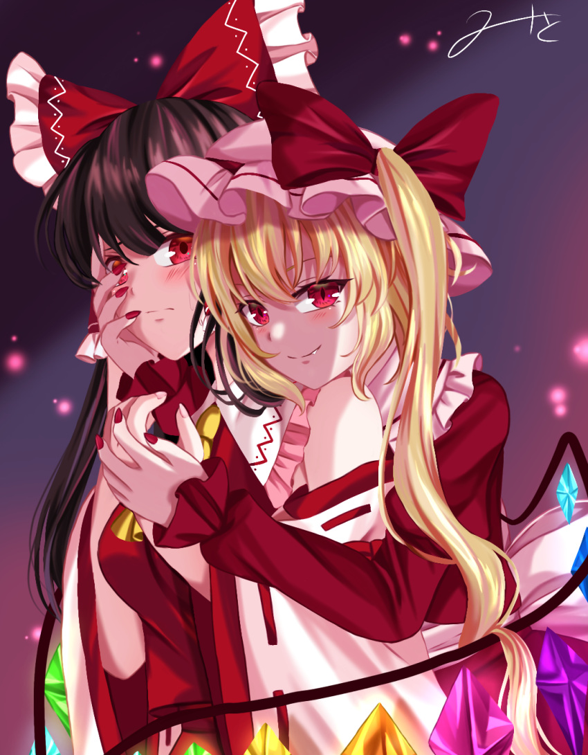 2girls adapted_costume ascot bare_shoulders blonde_hair blush bow breasts brown_hair closed_mouth collared_shirt crystal dark_background fang fang_out flandre_scarlet frilled_bow frilled_shirt frilled_shirt_collar frills glowing glowing_wings hair_between_eyes hair_bow hakurei_reimu hand_on_another's_face highres large_bow light_smile long_hair long_sleeves medium_breasts mito_(fate) multicolored_wings multiple_girls nail_polish pink_background pink_headwear purple_background red_bow red_eyes red_nails red_ribbon red_shirt ribbon ribbon-trimmed_sleeves ribbon_trim shirt simple_background sleeveless sleeveless_shirt touhou wings yellow_ascot yuri
