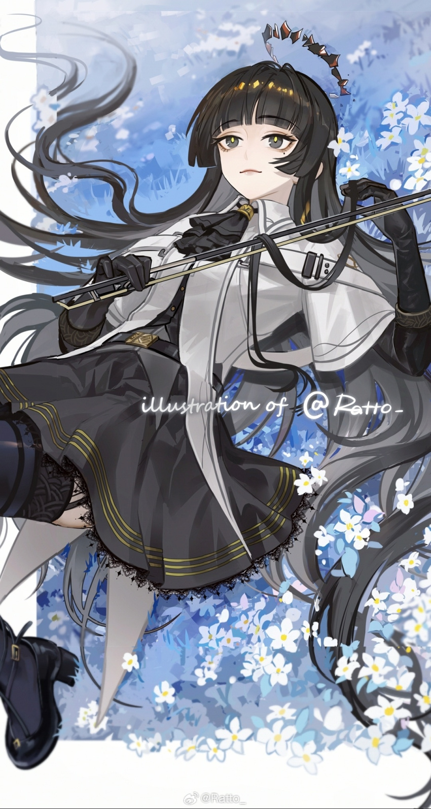 1girl antenna_hair arknights artist_name asamayuki_ra ascot belt belt_buckle black_ascot black_belt black_bustier black_eyeshadow black_footwear black_garter_straps black_gloves black_hair black_halo black_skirt black_thighhighs blue_theme blunt_bangs blurry blurry_edges border bow_(music) broken_halo buckle bustier buttons closed_mouth collared_jacket colored_inner_hair commentary_request cowboy_shot dark_halo day dress_shirt eyelashes eyeshadow flower from_above garter_straps gloves grass grey_eyes grey_hair grey_shirt hair_flowing_over hair_spread_out halo hands_up high_heels highres hime_cut holding holding_bow_(music) holding_hair holding_own_hair jacket knee_up layered_sleeves leaf light_smile lips long_hair long_sleeves looking_afar looking_ahead lying makeup miniskirt mole mole_under_eye multicolored_hair on_back on_grass on_ground outdoors outside_border pale_skin pleated_skirt shadow shirt short_over_long_sleeves short_sleeved_jacket short_sleeves sidelocks skirt solo straight_hair strappy_heels sunlight thigh-highs two-tone_hair very_long_hair virtuosa_(arknights) watermark weibo_logo weibo_username white_belt white_border white_flower white_jacket wide_sleeves wing_collar yellow_pupils zettai_ryouiki