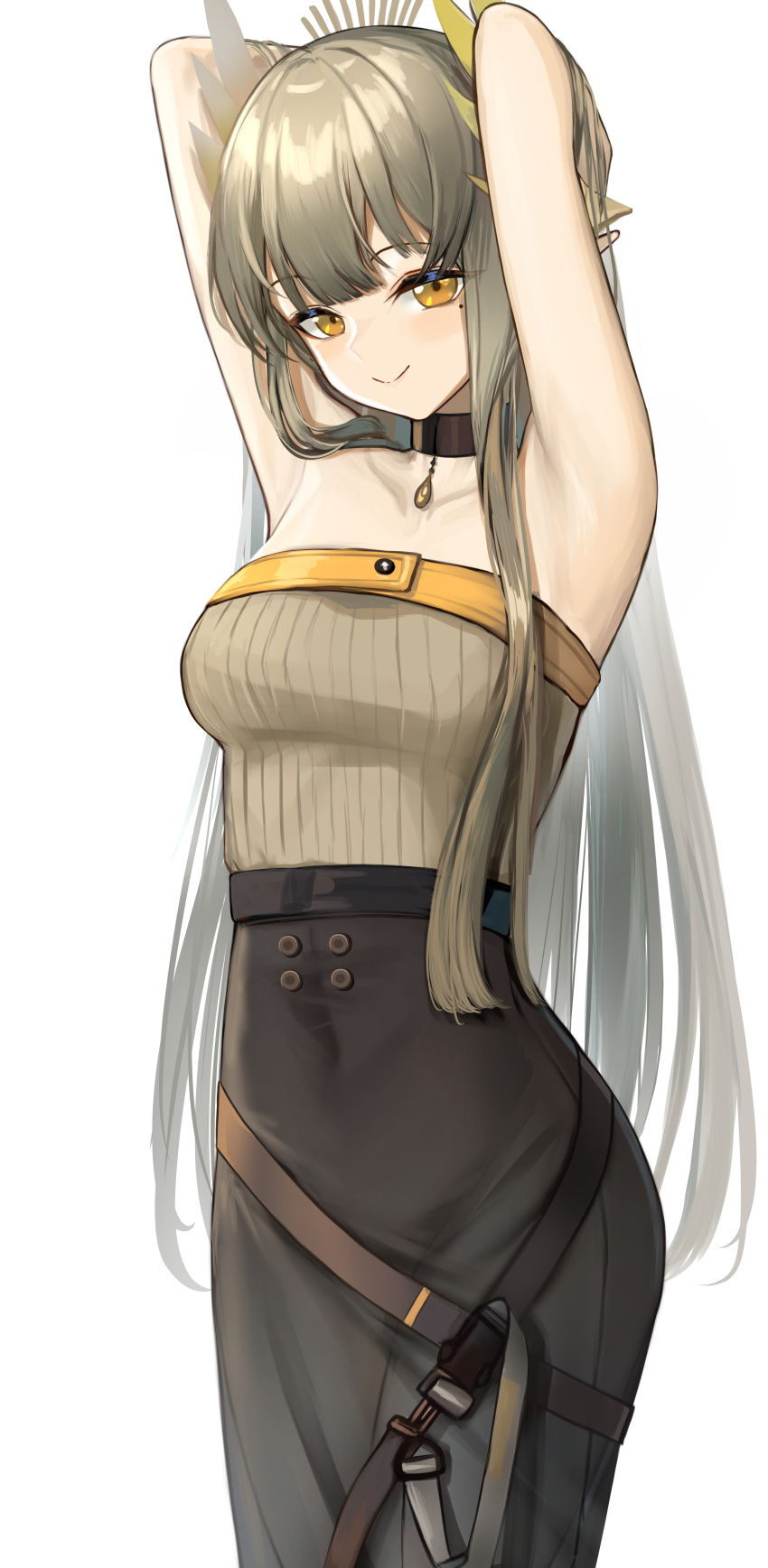 1girl absurdres arknights armpits arms_up bare_shoulders black_choker black_skirt breasts choker cowboy_shot elf grey_hair highres long_hair looking_at_viewer mole mole_under_eye muelsyse_(arknights) nopetroto pointy_ears skirt small_breasts smile solo standing strapless tube_top very_long_hair yellow_eyes