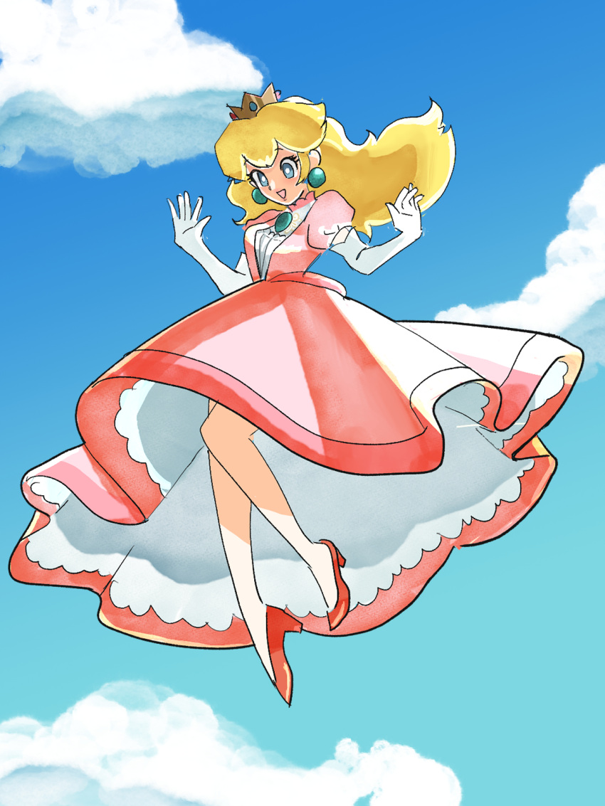1girl :d artist_request bare_legs blue_eyes clouds crown dress earrings elbow_gloves floating full_body gloves high_heels highres jewelry open_mouth pink_dress princess_peach red_footwear sky smile solo sphere_earrings super_mario_bros. white_gloves
