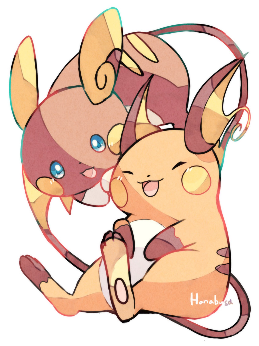 alolan_raichu animal_focus artist_name blue_eyes closed_eyes colored_skin commentary_request dot_nose hanabusaoekaki highres no_humans open_mouth pawpads pokemon pokemon_(creature) raichu simple_background smile solid_oval_eyes tail white_background yellow_skin