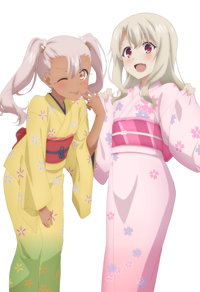 2girls blush breasts chloe_von_einzbern commentary_request dark-skinned_female dark_skin fate/kaleid_liner_prisma_illya fate_(series) floral_print highres illyasviel_von_einzbern japanese_clothes kimono loli long_hair looking_at_viewer multiple_girls obi official_alternate_costume official_art one_eye_closed open_mouth pink_hair print_kimono red_eyes sash simple_background small_breasts smile straight_hair twintails white_background white_hair wide_sleeves yukata
