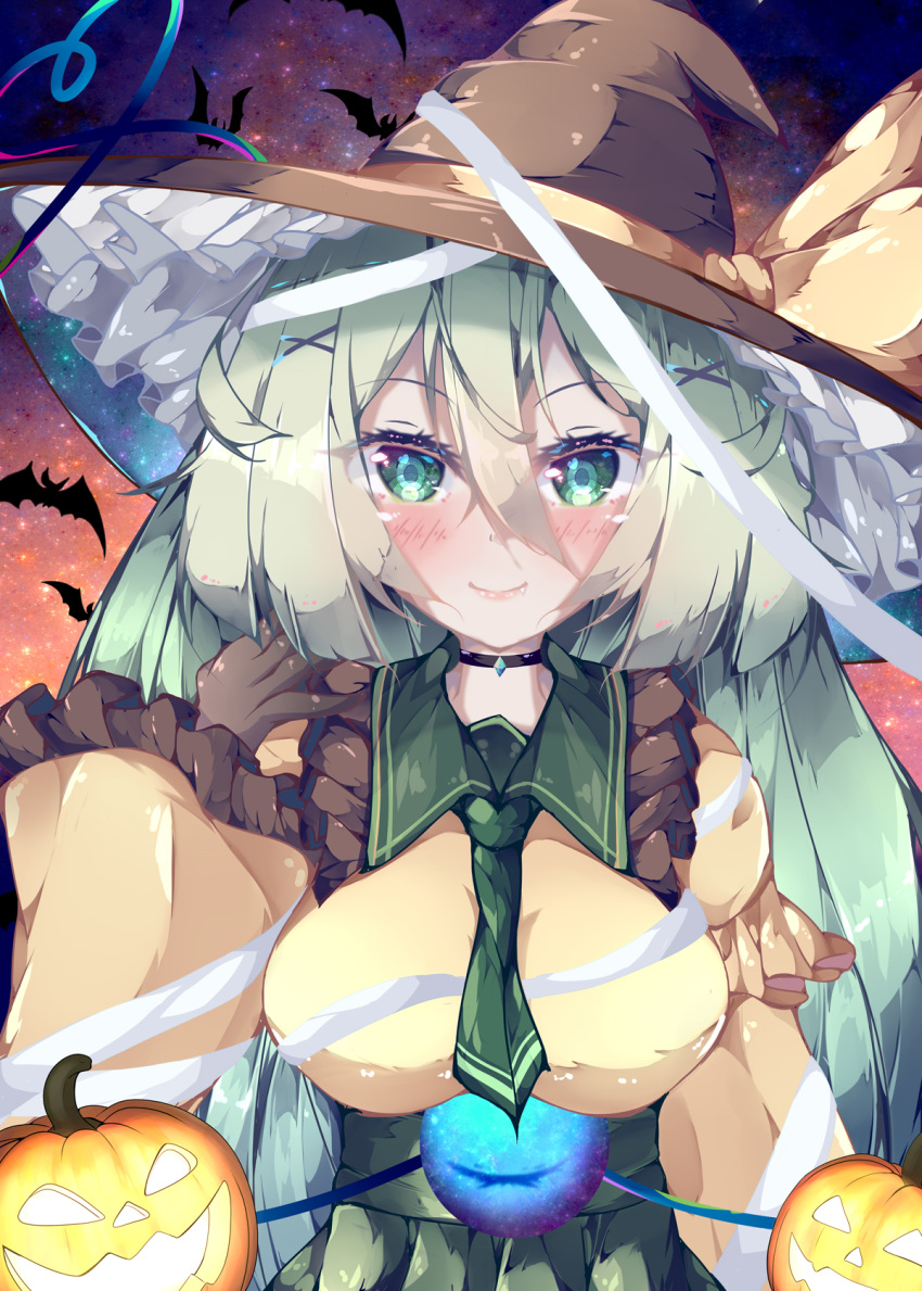 1girl bat_(animal) black_headwear blush breasts closed_mouth commentary_request fant green_eyes green_hair hair_ornament hat highres jack-o'-lantern komeiji_koishi large_breasts looking_at_viewer smile solo third_eye touhou upper_body witch_hat x_hair_ornament