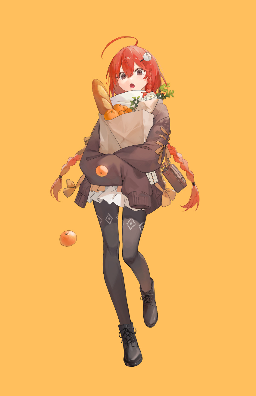1girl :o absurdres ahoge bag black_footwear black_pantyhose boots bow braid bread commentary flower food fruit full_body hair_flower hair_ornament hairclip handbag highres holding holding_bag kobuta legs long_hair long_sleeves looking_at_viewer open_mouth orange_(fruit) orange_background original oversized_clothes pantyhose paper_bag pleated_skirt redhead shoulder_bag simple_background single_braid skirt sleeves_past_wrists solo standing sweater symbol-only_commentary tongue twin_braids very_long_hair very_long_sleeves white_skirt