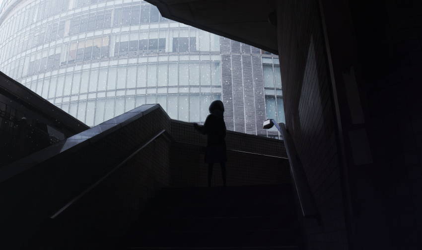 1girl building city highres original outdoors photo-referenced skirt snowing solo stairs standing unagi189