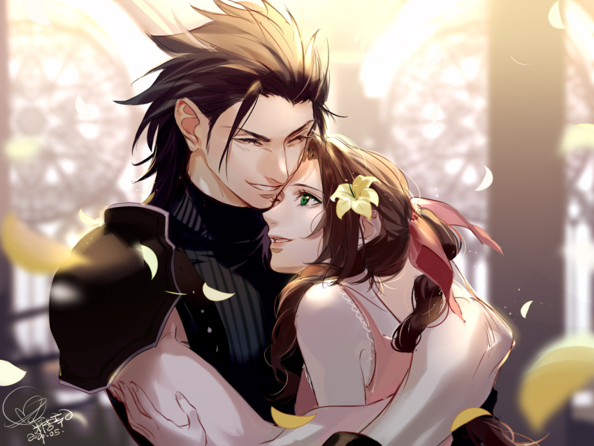 1boy 1girl aerith_gainsborough armor bare_shoulders black_gloves black_hair blurry blurry_background braid braided_ponytail brown_hair church closed_eyes commentary couple crisis_core_final_fantasy_vii dated dress falling_petals final_fantasy final_fantasy_vii flower gloves hair_flower hair_ornament hair_pulled_back hair_ribbon hand_on_another's_arm heads_together height_difference hetero hug indoors long_hair looking_at_another one_eye_closed parted_bangs parted_lips petals pink_dress pink_ribbon ribbed_sweater ribbon shoulder_armor signature sleeveless sleeveless_dress sleeveless_turtleneck smile spiky_hair stained_glass sweater tang_xinzi turtleneck turtleneck_sweater upper_body yellow_flower zack_fair