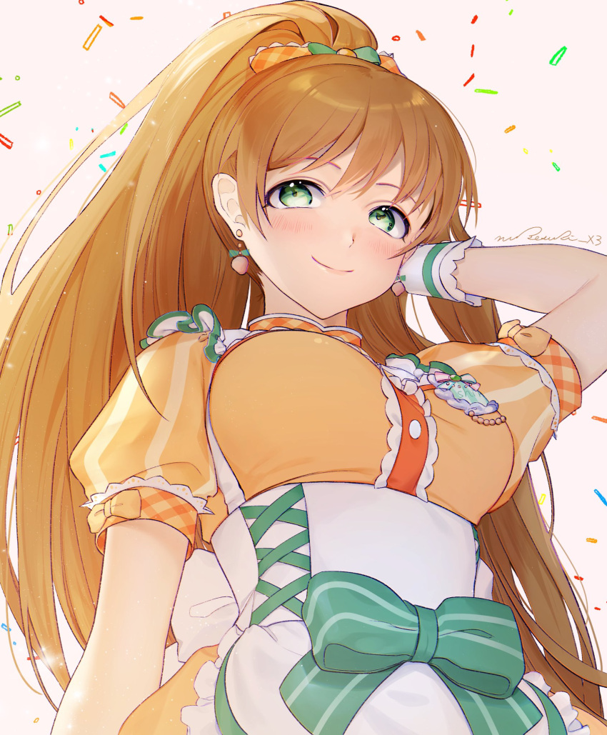 1girl apron arm_behind_head blush bow breasts brown_hair closed_mouth confetti dress dress_bow earrings food-themed_earrings frilled_apron frilled_dress frills green_bow green_eyes hair_bow hair_ribbon hand_up highres idolmaster idolmaster_cinderella_girls idolmaster_cinderella_girls_starlight_stage jewelry koyo_akio large_breasts long_hair looking_at_viewer makihara_shiho orange_dress orange_ribbon pink_background plaid plaid_ribbon ponytail ribbon short_sleeves simple_background smile solo strawberry_earrings striped striped_bow twitter_username upper_body waist_apron white_apron white_bow white_wrist_cuffs