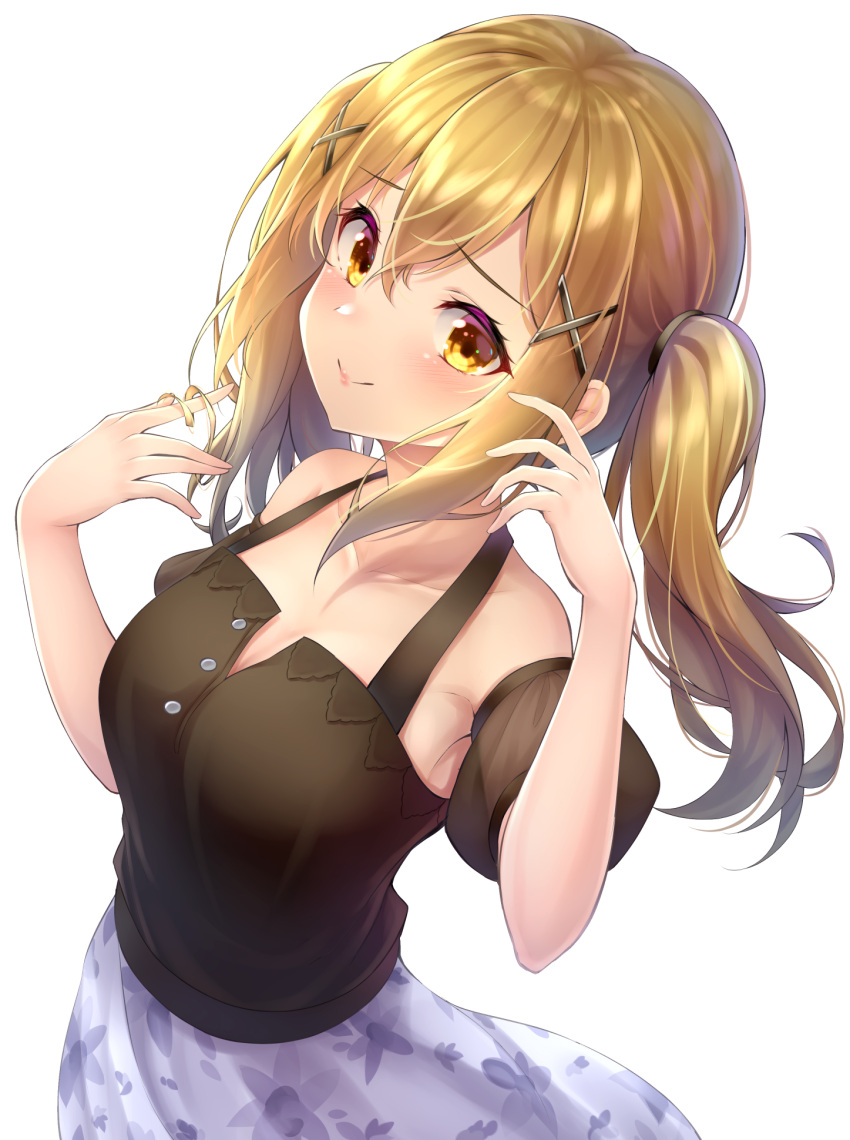1girl bang_dream! bare_shoulders black_shirt blonde_hair blush breasts collarbone commentary_request cowboy_shot detached_sleeves hair_between_eyes hair_ornament hair_tie hands_up highres ichigaya_arisa long_hair looking_at_viewer medium_breasts playing_with_own_hair puffy_short_sleeves puffy_sleeves purple_skirt shirt short_sleeves sidelocks skirt smile solo tenton_(henatyo) twintails x_hair_ornament yellow_eyes