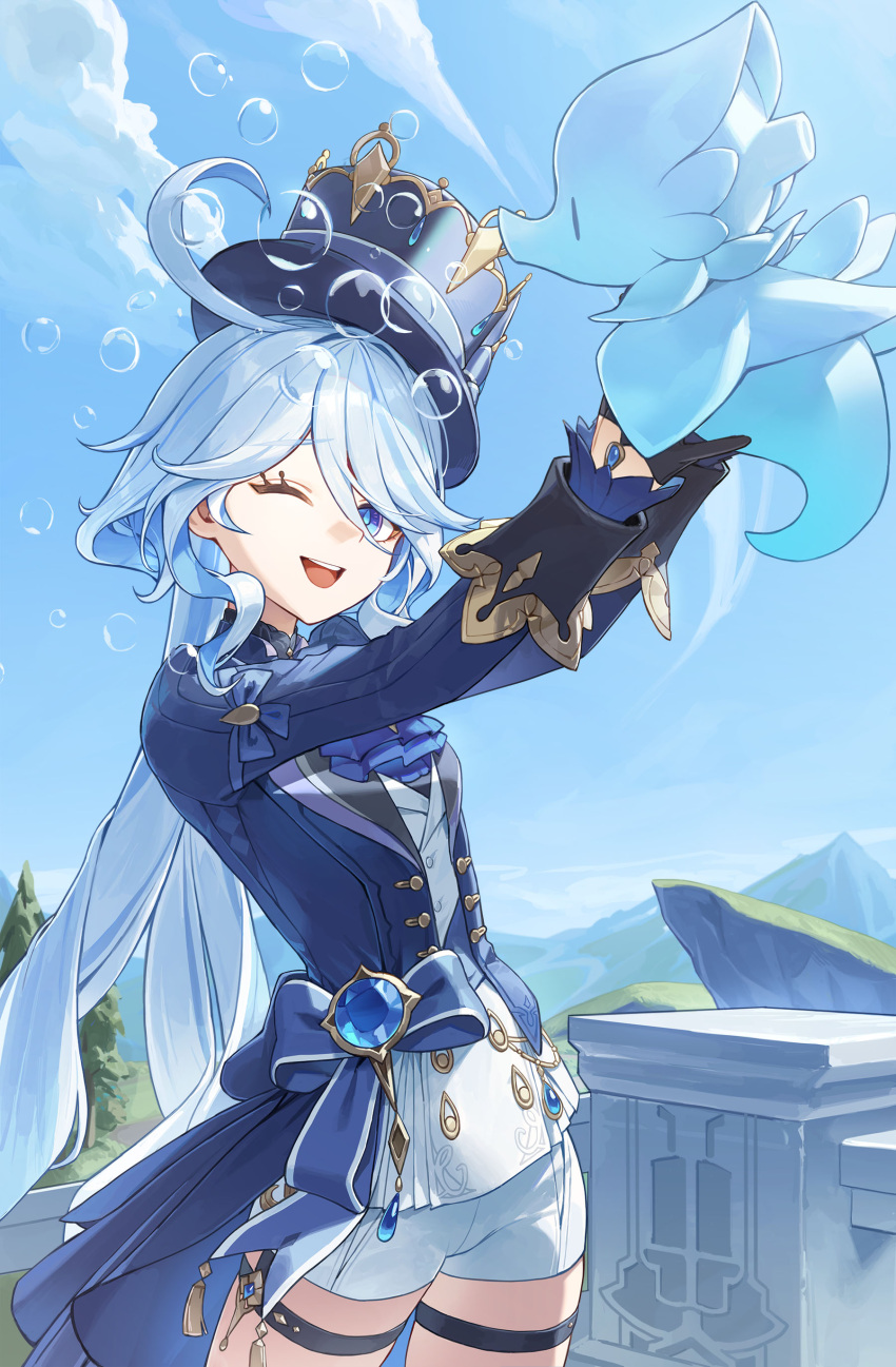 1girl :d ;d absurdres ahoge air_bubble ascot asymmetrical_gloves blue_ascot blue_bow blue_eyes blue_hair blue_headwear blue_jacket blue_sky bow bubble clouds commentary cotta_(heleif) cowboy_shot day furina_(genshin_impact) genshin_impact hair_between_eyes hat highres holding jacket light_blue_hair long_hair long_sleeves looking_at_viewer mountain multicolored_hair one_eye_closed open_mouth outdoors revision second-party_source short_shorts shorts sidelocks sky smile solo standing streaked_hair teeth thigh_strap thighs top_hat upper_teeth_only very_long_hair white_shorts