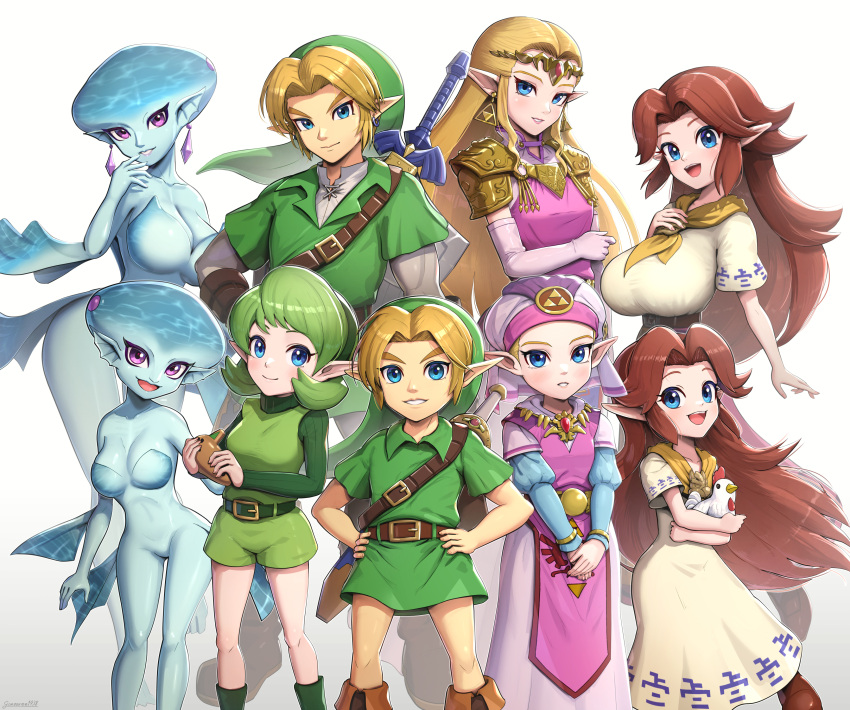 1boy 4girls absurdres age_comparison belt blonde_hair blue_eyes blue_skin brown_hair colored_skin commentary_request cucco dress earrings gonzarez green_hair green_headwear green_shirt green_shorts green_tunic highres jewelry link long_hair looking_at_viewer malon medium_hair monster_girl multiple_girls open_mouth pink_dress pointy_ears princess_ruto princess_zelda saria_(zelda) shield shield_on_back shirt shorts simple_background smile sword the_legend_of_zelda the_legend_of_zelda:_ocarina_of_time violet_eyes weapon white_background white_dress young_zelda