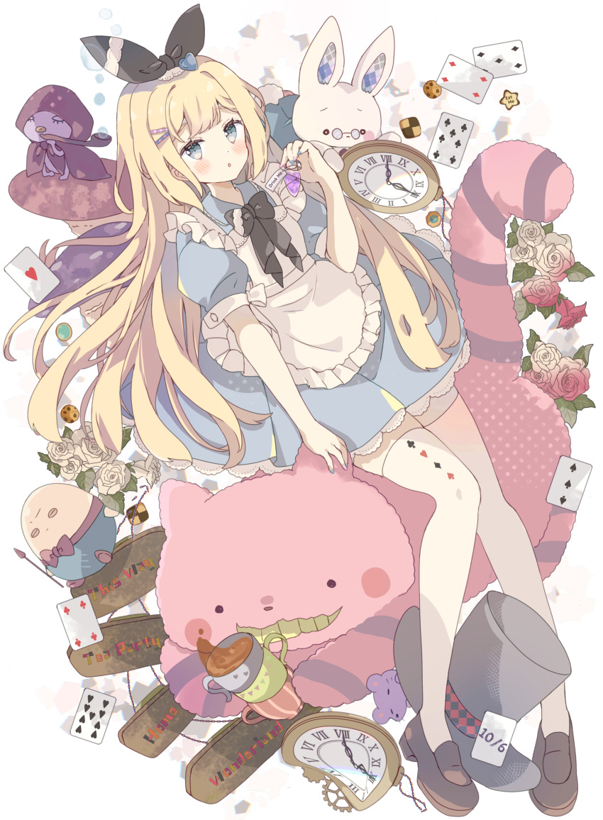 1girl :o absurdres alice_(alice_in_wonderland) alice_in_wonderland apron black_bow black_headwear black_ribbon blonde_hair blue_dress blue_eyes blue_nails blush bow bubble card caterpillar_(alice_in_wonderland) checkerboard_cookie cheshire_cat_(alice_in_wonderland) club_(shape) collared_dress commentary_request cookie cup diamond_(shape) dress drink_me flower food frilled_apron frills full_body hair_ornament hair_ribbon hairclip hat heart highres holding holding_smoking_pipe humpty_dumpty long_hair looking_at_viewer multicolored_nails mushroom nail_polish parted_lips pince-nez pink_nails playing_card pocket_watch print_thighhighs puffy_short_sleeves puffy_sleeves red_flower red_rose ribbon roman_numeral rose short_sleeves smoking_pipe solo_focus striped_tail tail teacup thigh-highs top_hat tsukiyo_(skymint) very_long_hair watch white_apron white_flower white_rabbit_(alice_in_wonderland) white_rose white_thighhighs