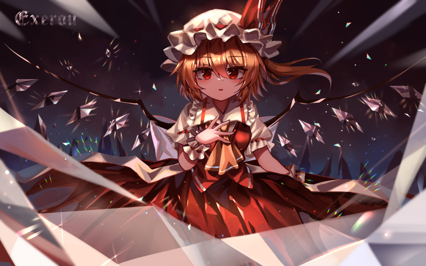 1girl ascot blonde_hair commentary crystal flandre_scarlet hat hat_ribbon highres looking_at_viewer medium_hair mob_cap open_mouth red_eyes red_ribbon red_skirt red_vest ribbon shirt short_sleeves skirt solo top-exerou touhou vest white_headwear white_shirt wings yellow_ascot