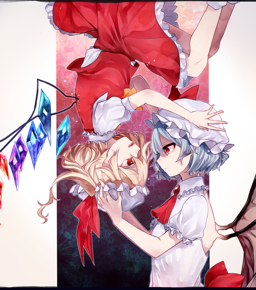 2girls ascot back_bow backless_outfit bat_wings blonde_hair blue_hair bow brooch closed_mouth collared_shirt crystal eye_contact feet_out_of_frame flandre_scarlet frilled_shirt_collar frilled_sleeves frills from_side hair_between_eyes hands_on_another's_head hat highres impossible_clothes impossible_hair jewelry katai_(nekoneko0720) large_bow looking_at_another medium_hair mob_cap multicolored_wings multiple_girls open_mouth puffy_short_sleeves puffy_sleeves red_ascot red_bow red_brooch red_eyes red_skirt red_vest remilia_scarlet shirt short_sleeves siblings sisters skirt socks touhou upper_body upside-down vest white_headwear white_shirt white_socks wings yellow_ascot