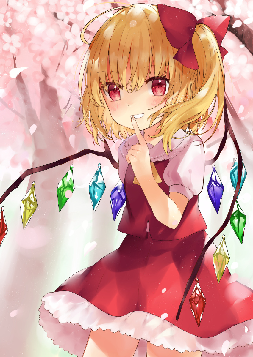 1girl absurdres ascot blonde_hair bow cherry_blossoms cherry_tree cowboy_shot crystal finger_to_mouth flandre_scarlet hair_between_eyes hair_bow highres index_finger_raised looking_at_another medium_hair multicolored_wings niseneko_(mofumofu_ga_ienai) no_headwear one_side_up open_mouth outdoors pink_background puffy_short_sleeves puffy_sleeves red_bow red_eyes red_skirt red_vest shirt short_sleeves skirt skirt_set solo touhou vest white_shirt wings yellow_ascot