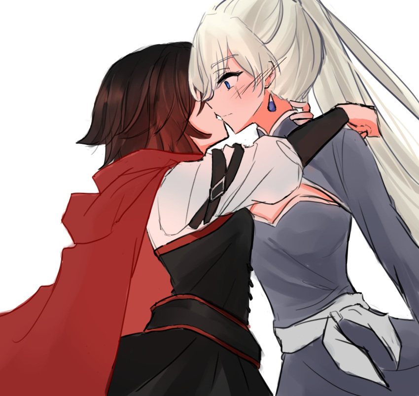 2girls black_dress black_hair blue_eyes cape cleavage_cutout clothing_cutout dress earrings gradient_hair hand_on_another's_neck hand_on_another's_shoulder highres imminent_kiss jewelry long_hair multicolored_hair multiple_girls ponytail purple_dress red_cape redhead ruby_rose rwby sash scar scar_across_eye short_hair tuemei weiss_schnee white_background white_hair yuri