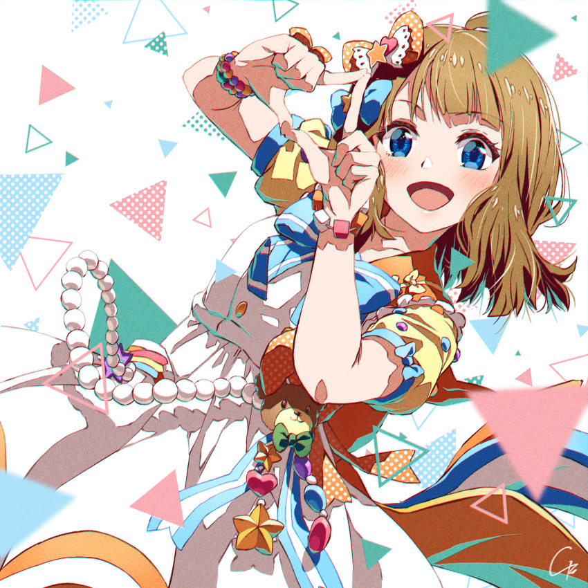 1girl 4b-enpitsu ahoge bead_bracelet beads blue_bow blue_bowtie blue_eyes blush bow bowtie bracelet brown_hair chromatic_aberration collarbone commentary_request commission confetti cowboy_shot dress film_grain highres idol idol_clothes idolmaster idolmaster_million_live! jewelry looking_at_viewer medium_hair open_mouth own_hands_together pixiv_commission short_sleeves signature solo suou_momoko white_background white_dress