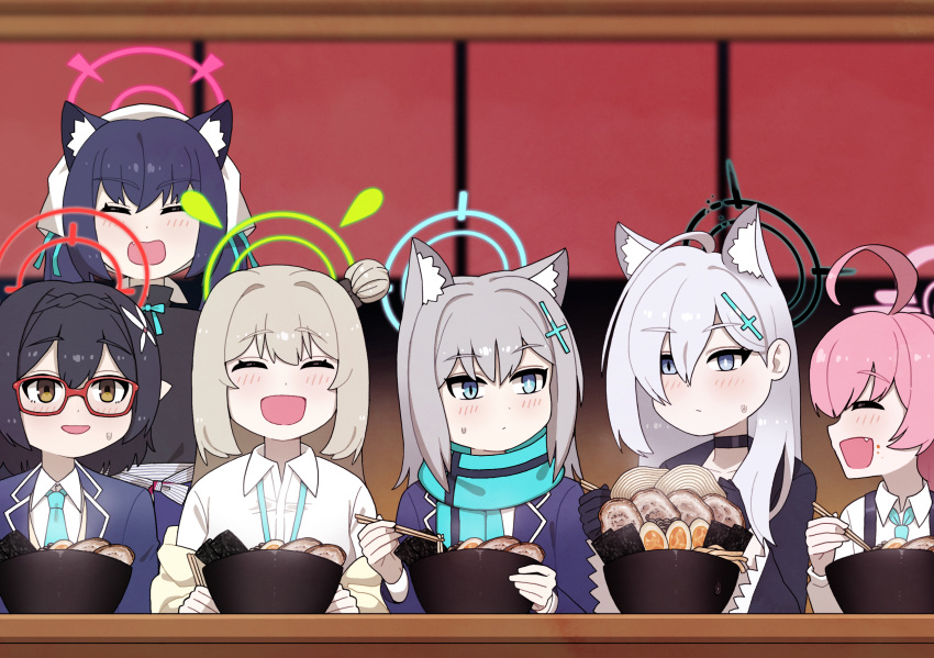 6+girls ahoge animal_ear_fluff animal_ears ayane_(blue_archive) black_choker black_dress black_hair black_halo blue_archive blue_eyes blue_halo blue_scarf blush bowl breasts broken_halo cat_ears char-siu choker chopsticks collared_shirt cross cross_hair_ornament dark_halo diamond-shaped_pupils diamond_(shape) dress egg_(food) extra_ears fang food foreclosure_task_force_(blue_archive) frilled_sleeves frills glasses green_halo grey_hair hair_bun hair_ornament hair_ribbon halo highres holding holding_chopsticks hoshino_(blue_archive) inverted_cross jacket large_breasts light_brown_hair long_hair long_sleeves medium_hair mismatched_pupils multiple_girls necktie nonomi_(blue_archive) noodles nori_(seaweed) official_alternate_costume open_clothes open_jacket open_mouth pink_hair pink_halo pointy_ears ramen red-framed_eyewear red_halo ribbon scarf school_uniform serika_(blue_archive) shiroko_(blue_archive) shiroko_terror_(blue_archive) shirt short_hair single_hair_bun single_side_bun sleepywoodmac smile softboiled_egg swept_bangs symbol-shaped_pupils twintails very_long_hair wide_sleeves wolf_ears