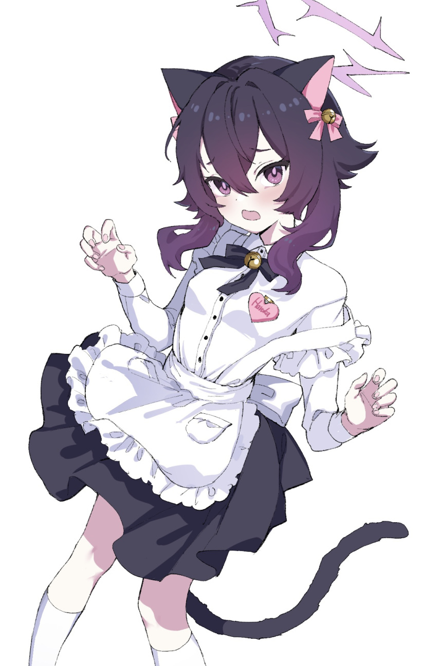 1girl animal_ears apron black_footwear black_skirt blue_archive blush cat_ears cat_tail collared_shirt cropped feet_out_of_frame frilled_apron frills hair_between_eyes halo haruka_(blue_archive) highres inchore long_sleeves looking_at_viewer medium_hair open_mouth purple_hair purple_halo shirt shoes skirt solo tail thigh-highs violet_eyes white_apron white_shirt white_thighhighs