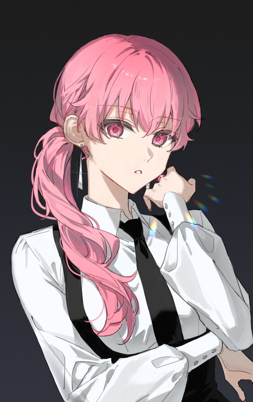 1girl black_background black_necktie black_skirt collared_shirt commentary crossed_bangs earrings glint gradient_background grey_background highres jewelry long_sleeves looking_at_viewer momoi_airi necktie open_collar parted_lips pink_eyes pink_gemstone pink_hair project_sekai prsk112277 rainbow_gradient refraction ring shirt side_ponytail skirt solo suspenders upper_body white_shirt